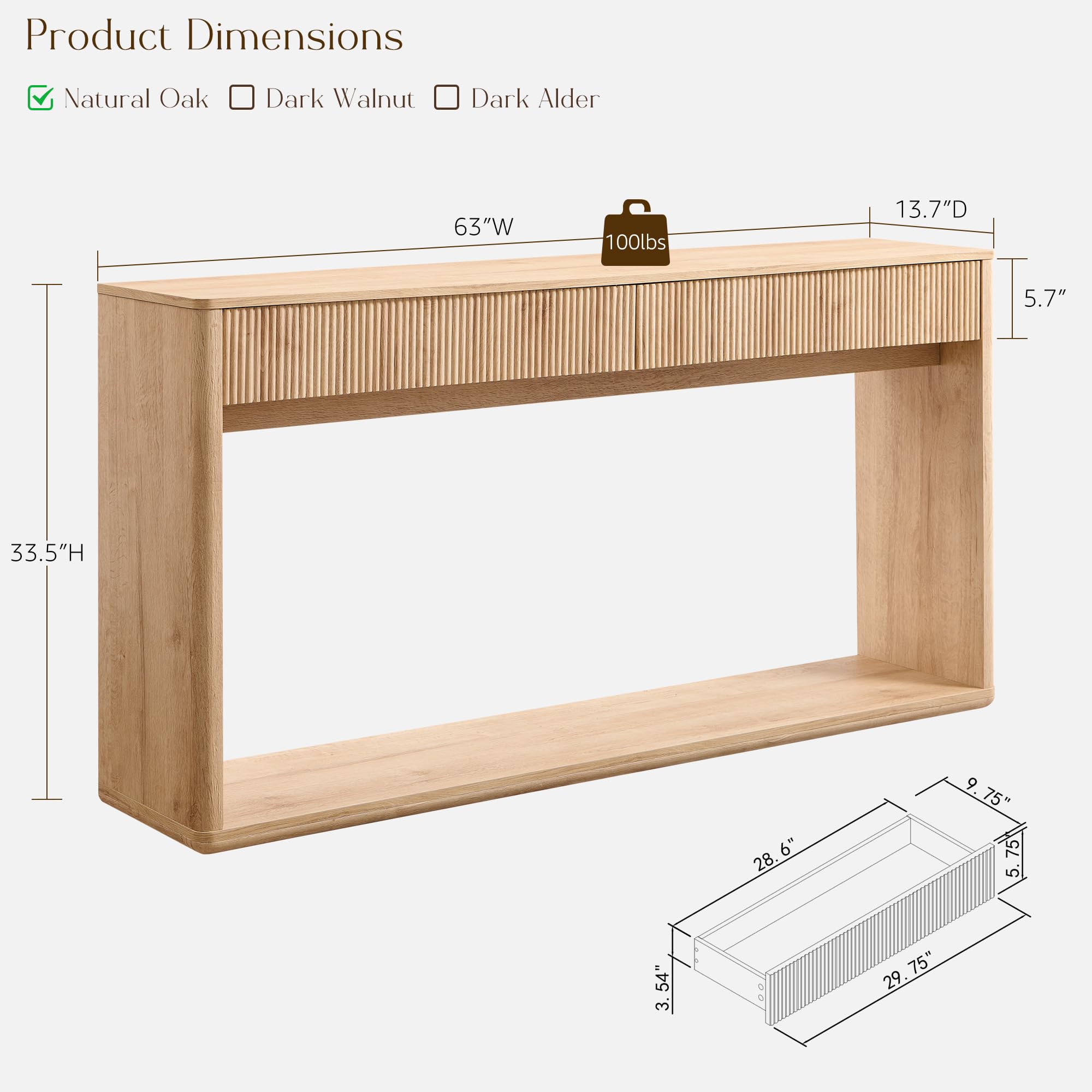 63" Fluted Console Table with 2 Drawers - Natural Oak