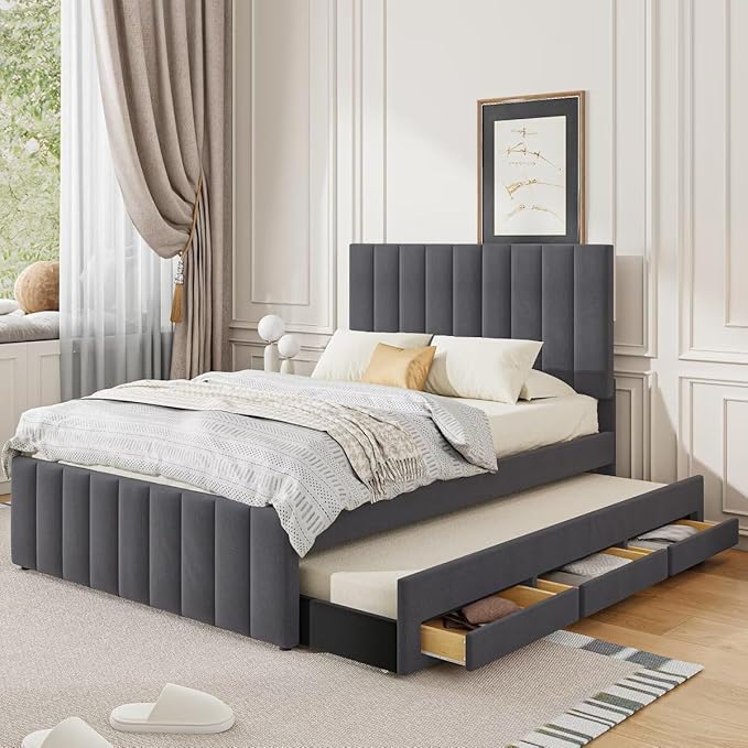 Upholstered Platform Bed with Twin Size Trundle and 3 Drawers, Linen Fabric, Beige