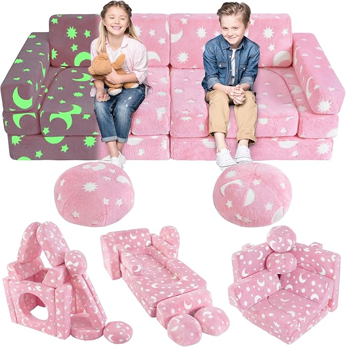 13PCS Kids Play Couch, Foam Modular Kids Couch Sofa, Glowing Toddler Couch Convertible Baby Play Couch Children Sofa for Playroom Bedroom (Gray)