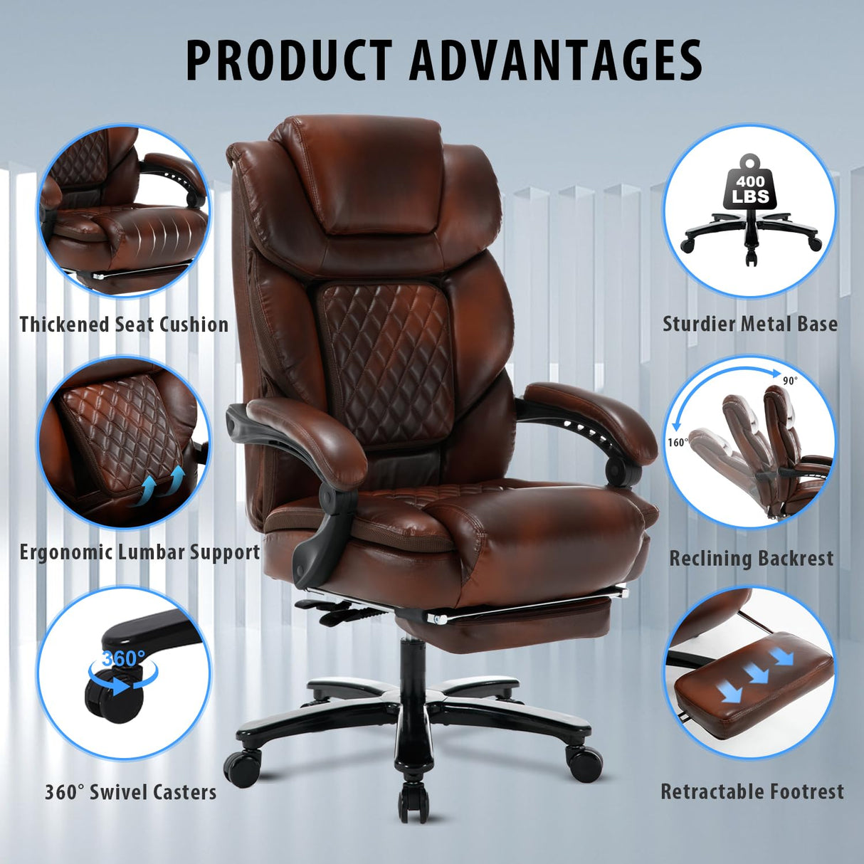 linting 450lbs Big Tall Reclining Office Chairs with Footrest Back Support Ergonomic Wide Seat Leather Recliner Desk Chair Executive Office Chairs, Plus Size Managerial Chairs, Brown