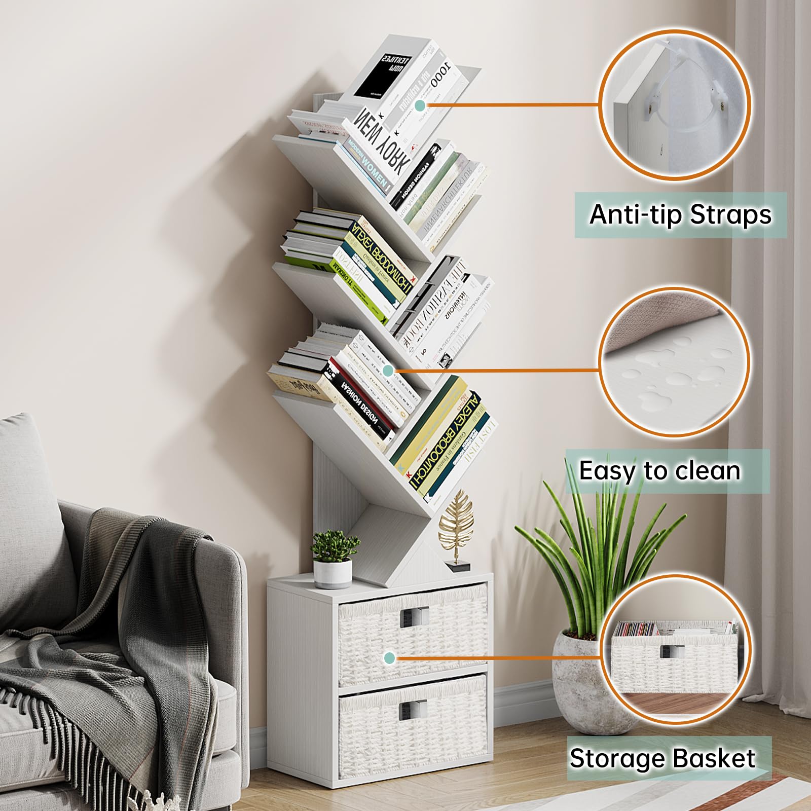 6 Tier Tree Bookshelf, Modern Floor Standing Bookcase with Storage Drawer, Space Saving Storage Organizer Book Shelves for Books, Tall Wood Storage Rack for Bedroom/Living Room/Home Office