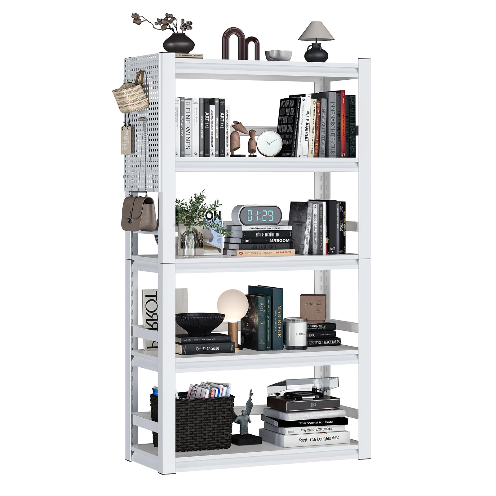 ZONLESON 63" Heavy Duty Bookshelf Metal Bookcase with Pegboard Bookend and Fence 5 Tier Adjustable Bookshelves for Home Office and Study,White