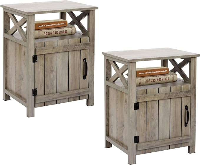 JAHRSTIM Farmhouse Nightstand Set of 2, Side Table, End Table with Barn Door and Shelf, Rustic Farmhouse Nightstands Set, Modern Bed Side Table End Table Night Stand for Bedroom, Living Room