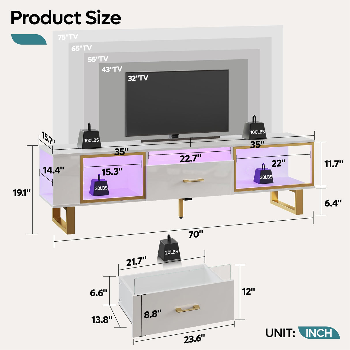 TV Stand with LED Light for TVs up to 80 inch, Modern Entertainment Center with Open