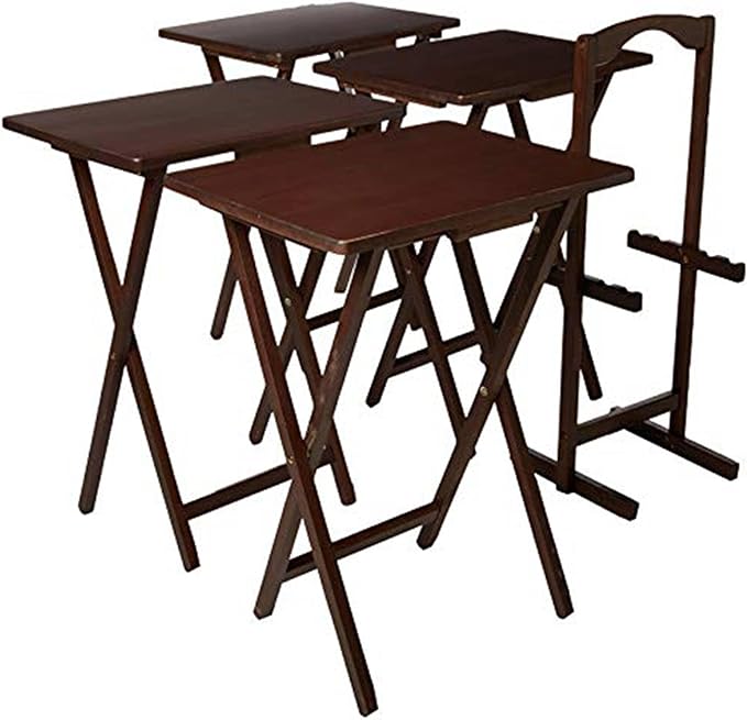 5 Piece Set, 4 Folding Wooden TV Tray Snack Tables with Storage Rack, Honey Oak