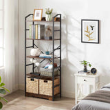 5 Tier Bookshelf with 2 Storage Baskets, Tall Bookcase Shelf Storage Organizer Wood Book Shelf, Modern Shelf Rack Shelves with Steel Frame, Multipurpose Bookshelf for Bedroom Living Room