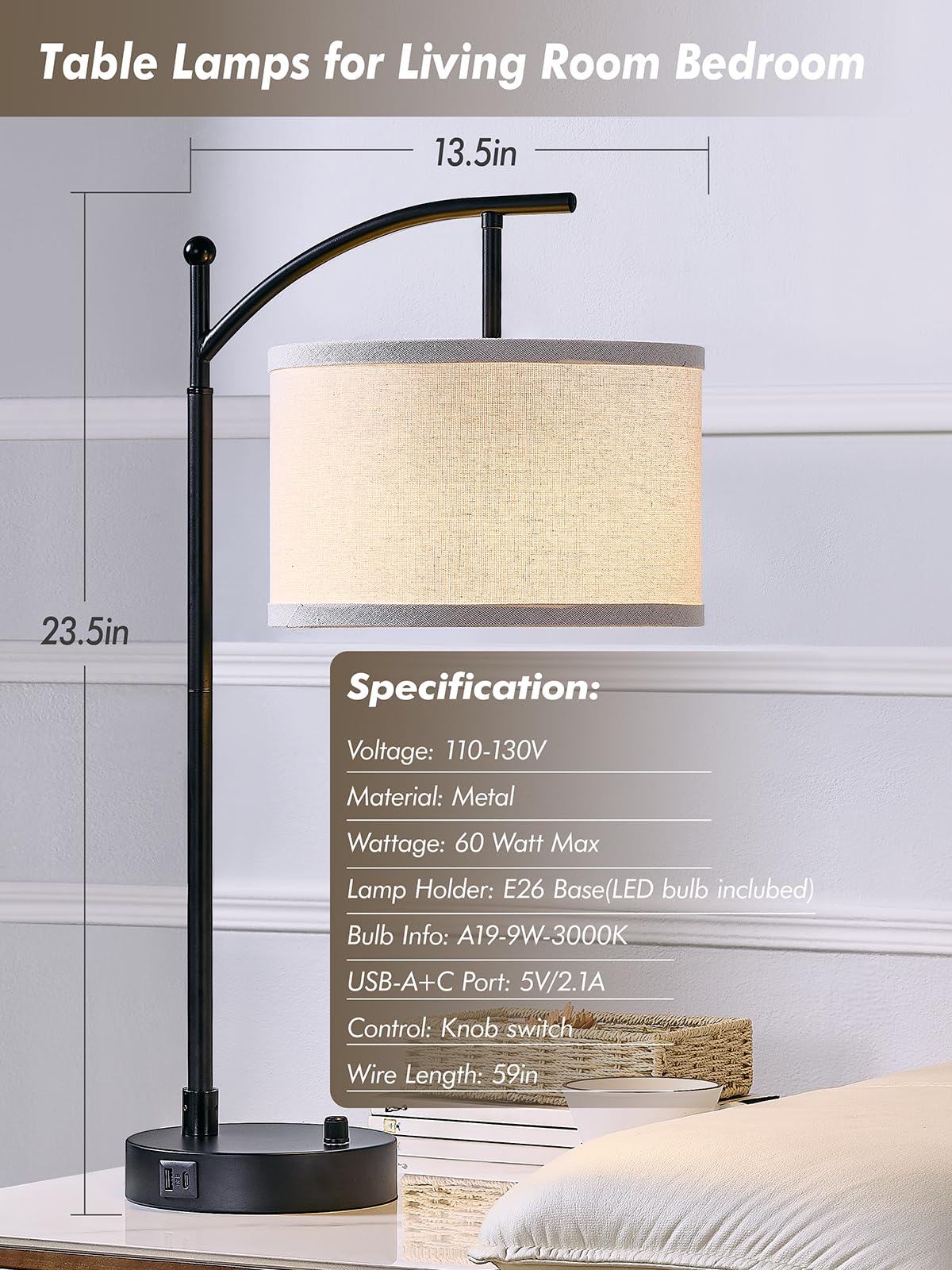 23.5" Table Lamps Set of 2 with USB C+A Ports and Dimmable LED Bulbs