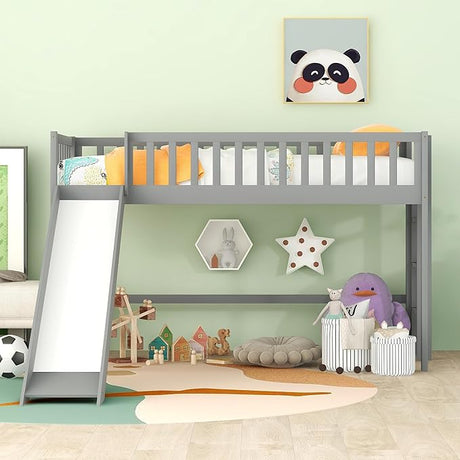 Twin Size Low Loft Bed for Kids,Loft Bed with Slide and Ladder