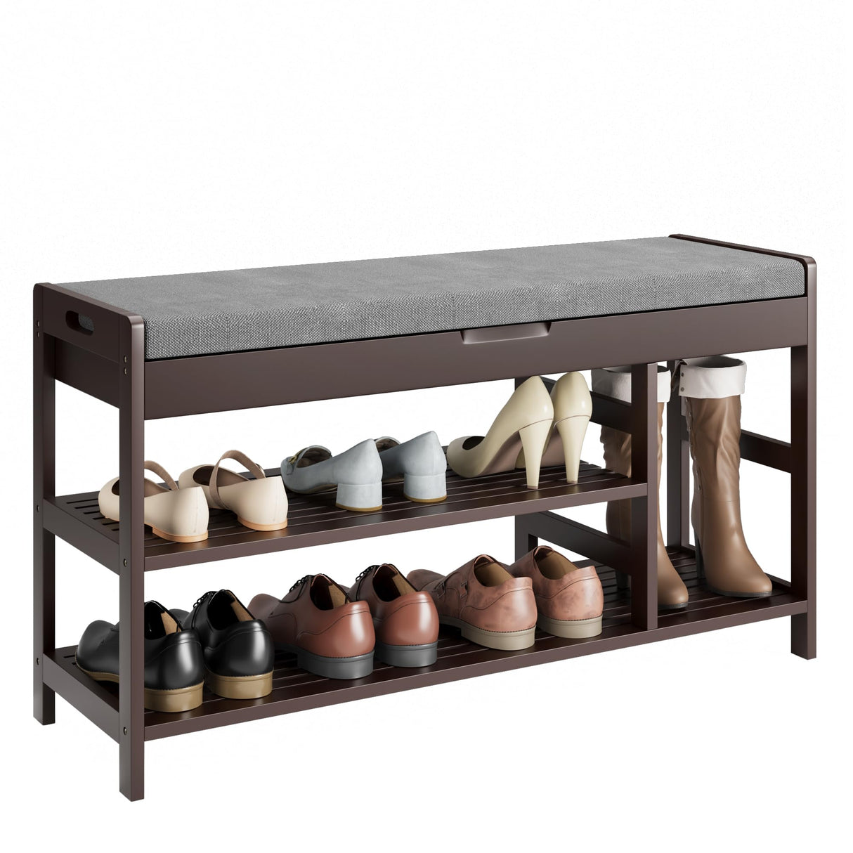 Shoe Bench, Entryway Storage Bench with Padded Cushion, Bamboo Shoe Rack Bench