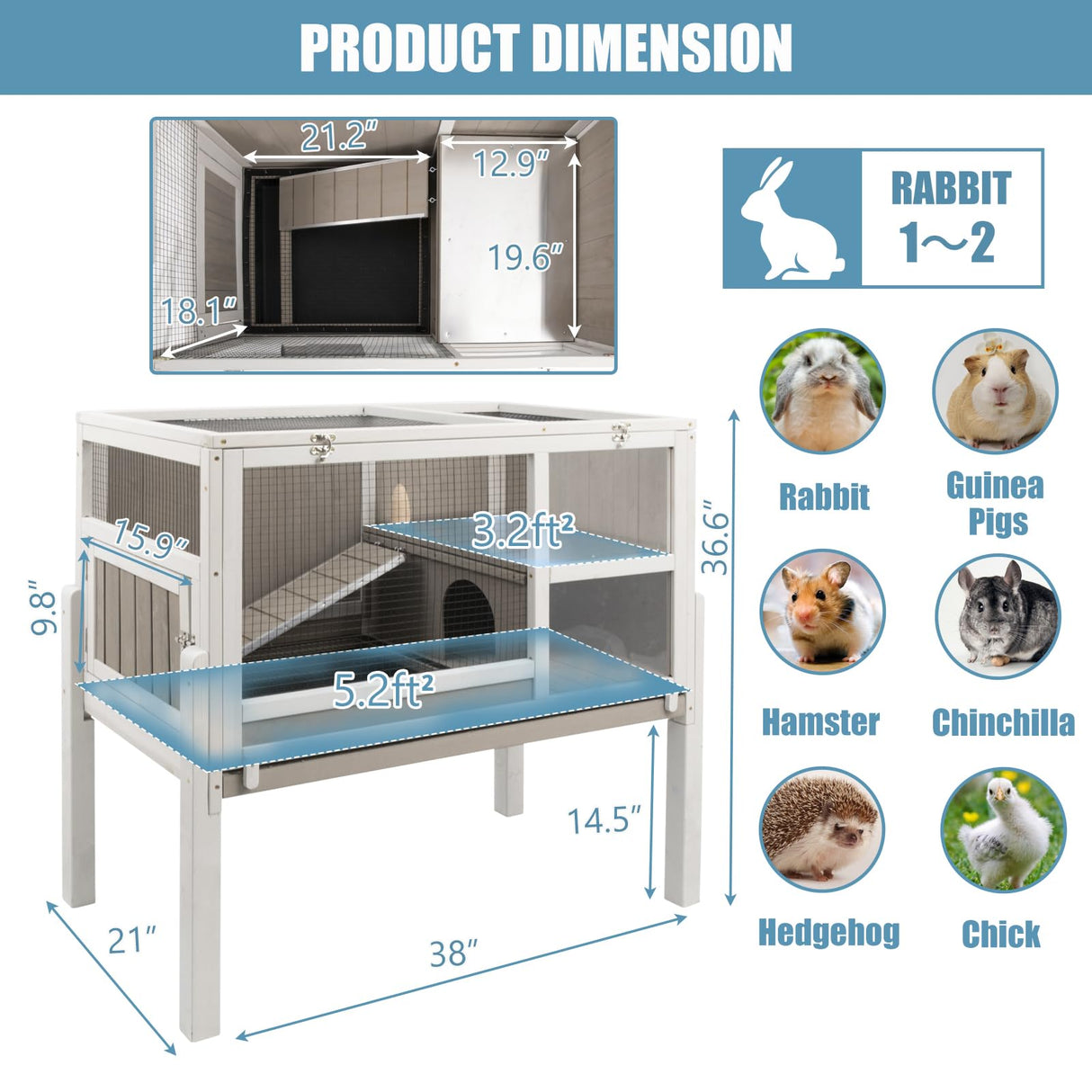 Elevated Rabbit Hutch Indoor 36.6" H Wooden Outdoor Bunny Hutch