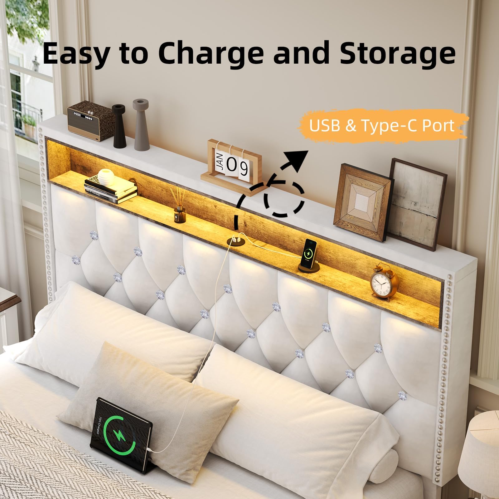 King Size Bed Frame with LED Lights and Storage Headboard