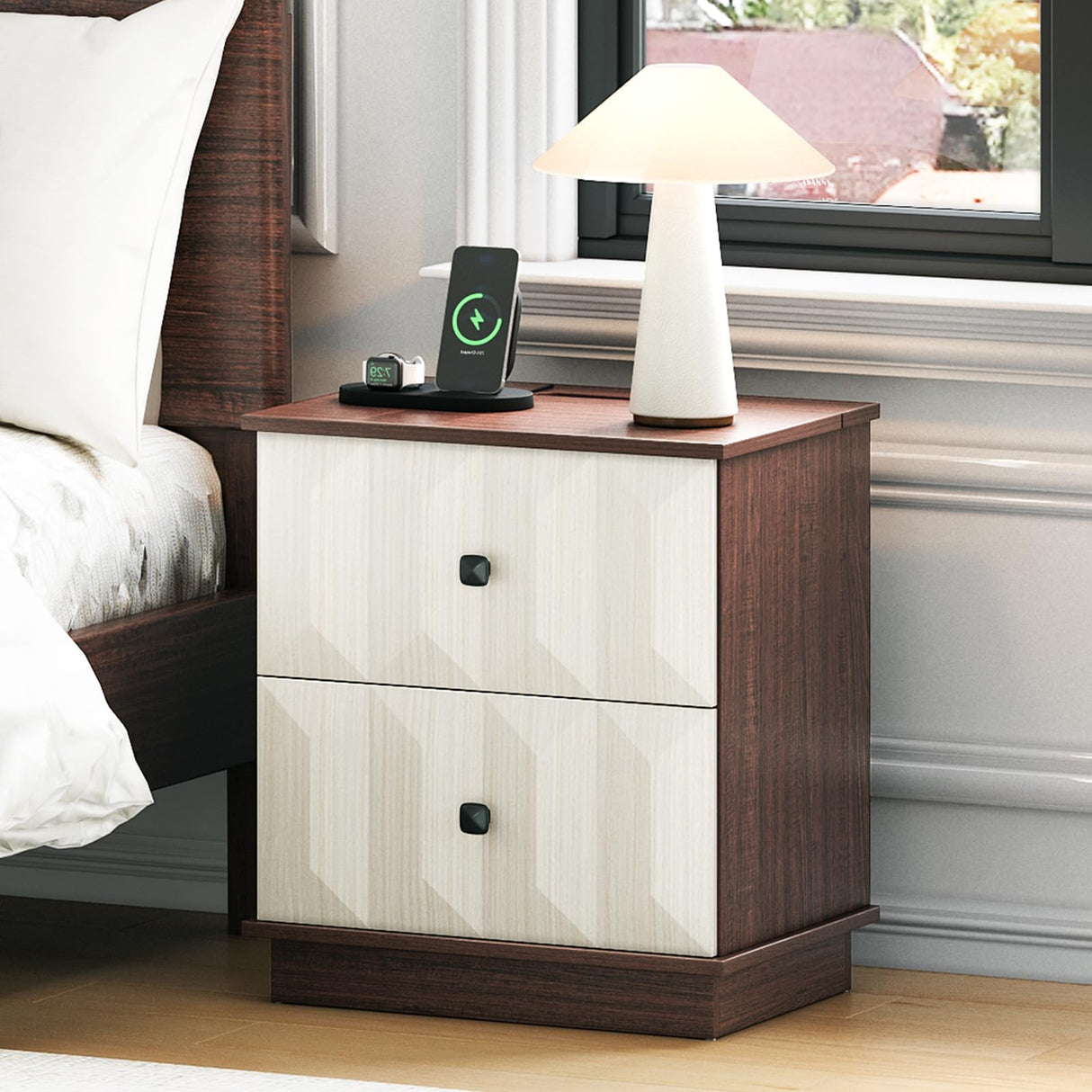 Modern Farmhouse Nightstand with Charging Station,Bed Side Tables Bedroom Set of 2