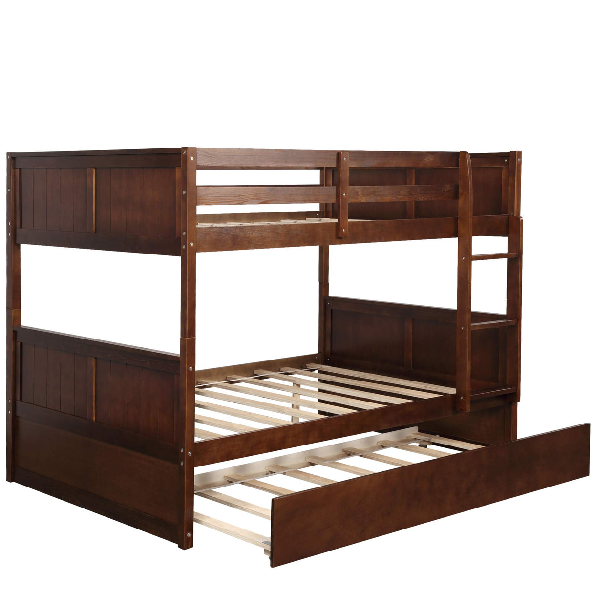 Bed with Twin Size Trundle, Pine Wood Bunk Bed Frame with Guardrails and Ladder for Bedroom and Teens (Oak)