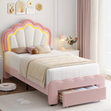 Twin Upholstered LED Bed Frame with Storage Drawer, Cute Girls Bed with Adjustable