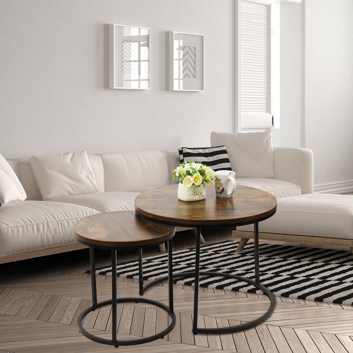 Round Coffee Table Set of 2, Nesting Stackable Coffee Tables Wood Top