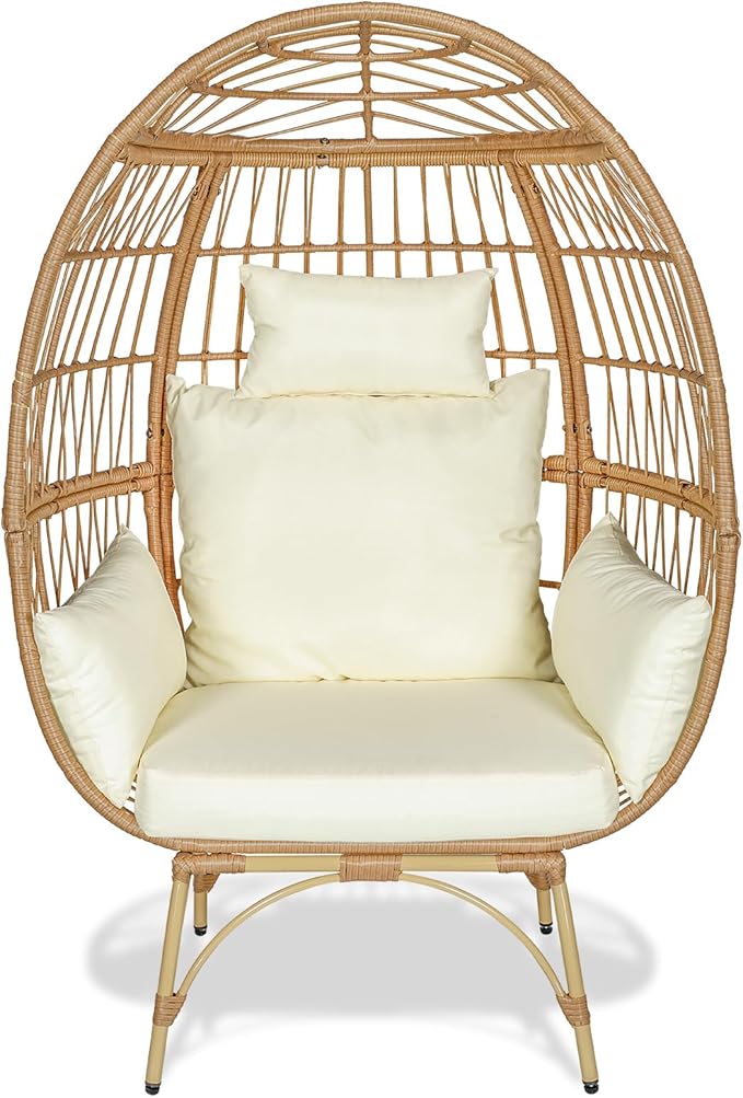 360° Swivel Egg Chair,Rattan Patio Egg Chair, 440lbs Capacity Oversized Patio Rotating Basket Chair, All-Weather Wicker Egg Lounger Chair for Outside Indoor