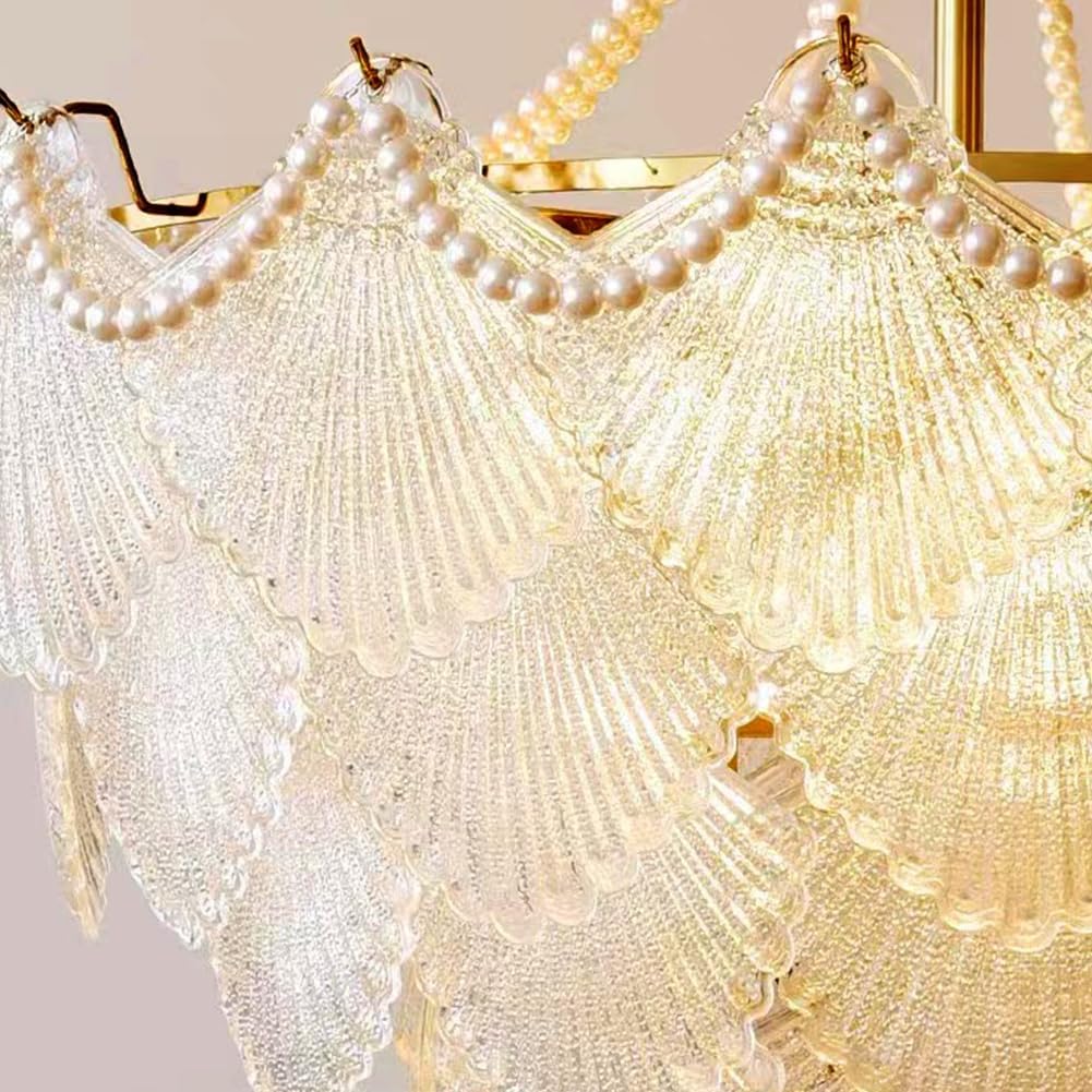 Gold Multi-Tier Crystal Chandelier, Shell Cloud Glass Metal Pendant Chandeliers Hanging