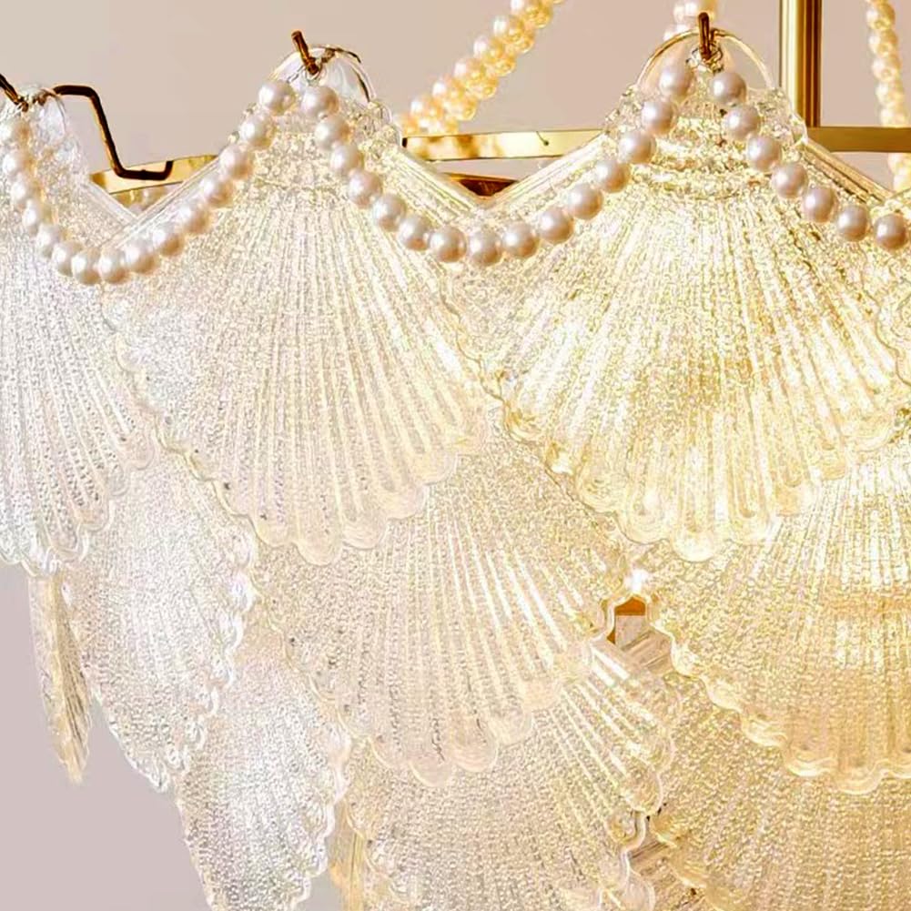 Gold Multi-Tier Crystal Chandelier, Shell Cloud Glass Metal Pendant Chandeliers