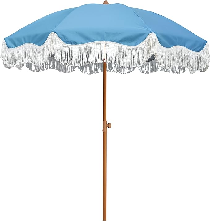 Boho Fringe Umbrella Outdoor Patio, 6.5ft UPF50+ Picnic Umbrella with Tassels