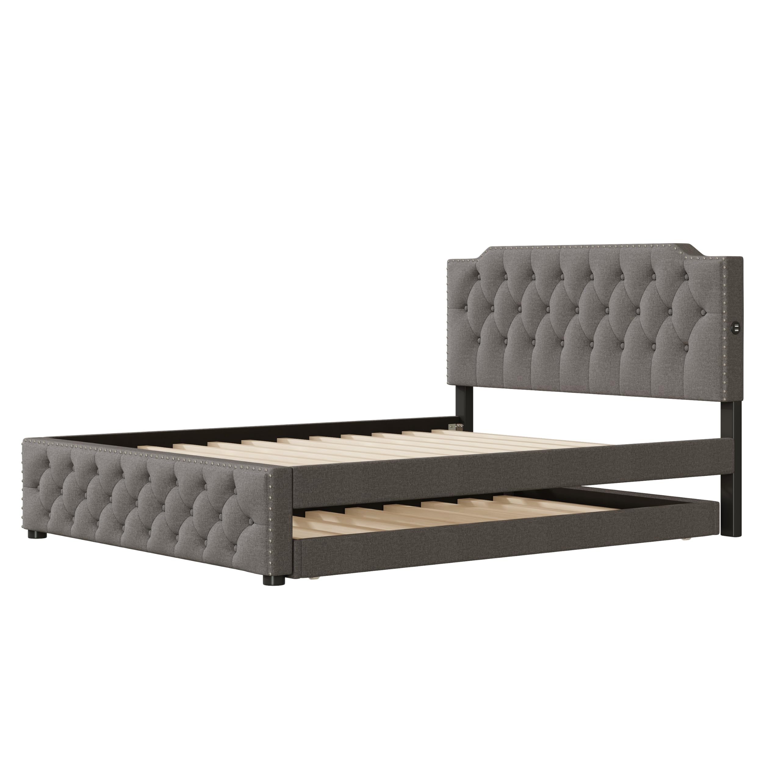 Queen Size Upholstered Platform Bed with Twin Size Trundle and 2 Sets of USB Ports