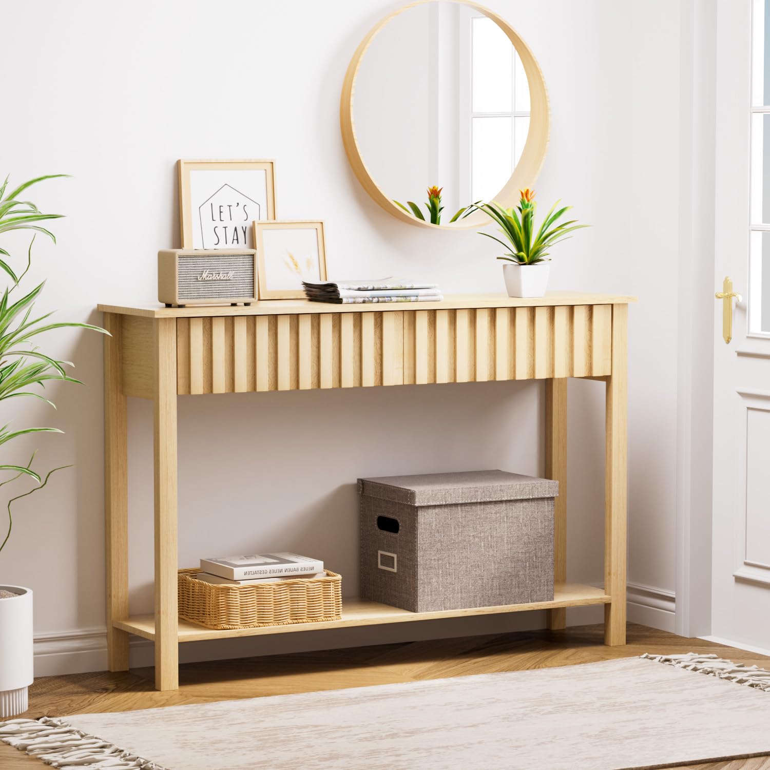Entryway Console Table with 2 Fluted Drawers and Shelf, 47.2" Boho Entryway Table