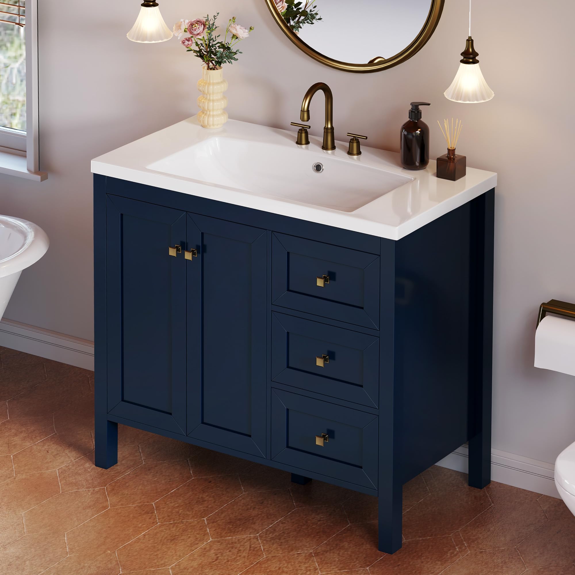 36" Bathroom Vanity with Sink Set, Vintage Bathroom Cabinet Vanity with Resin Basin