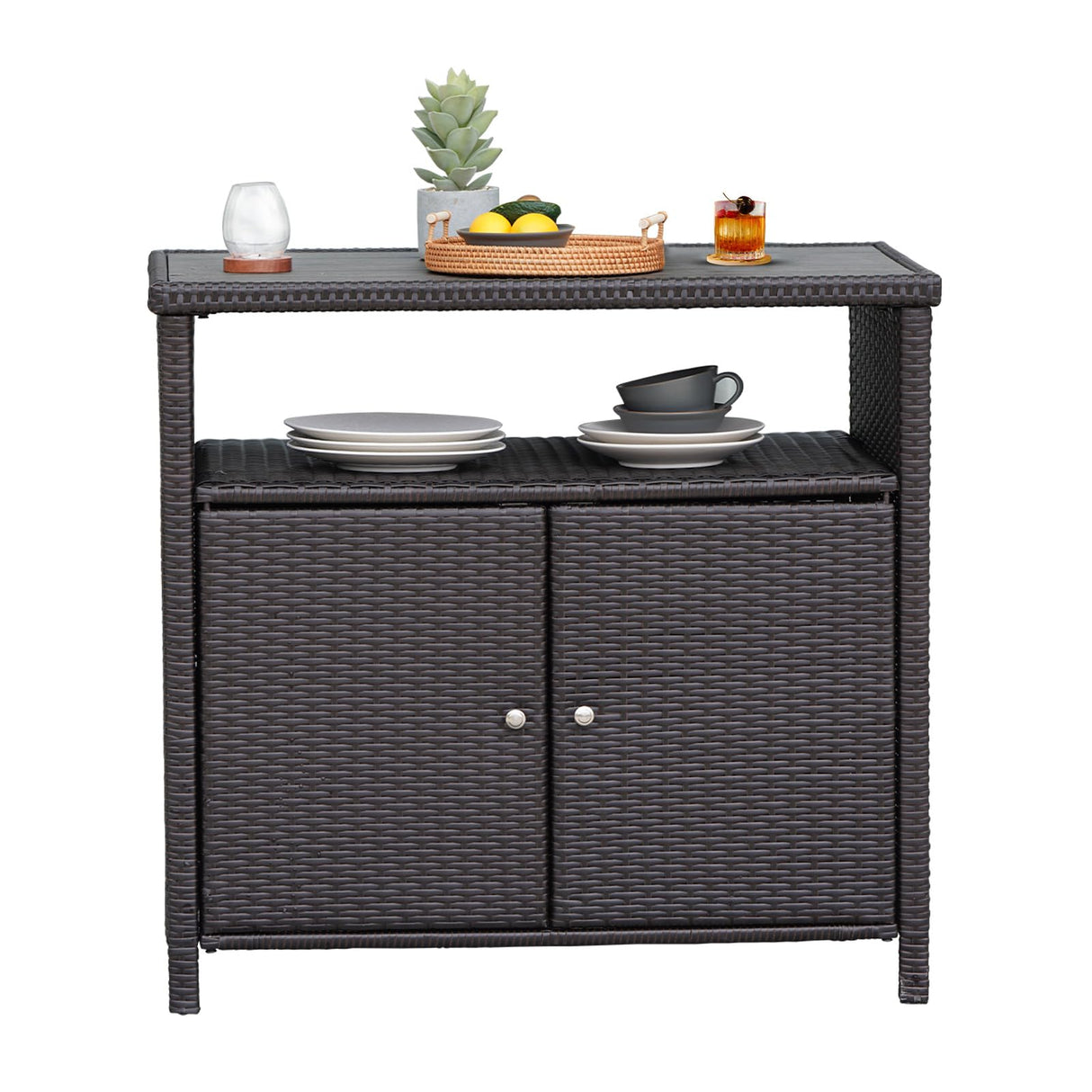 Wicker Storage Cabinet Outdoor Waterproof Prep and Bar Table with Two Doors