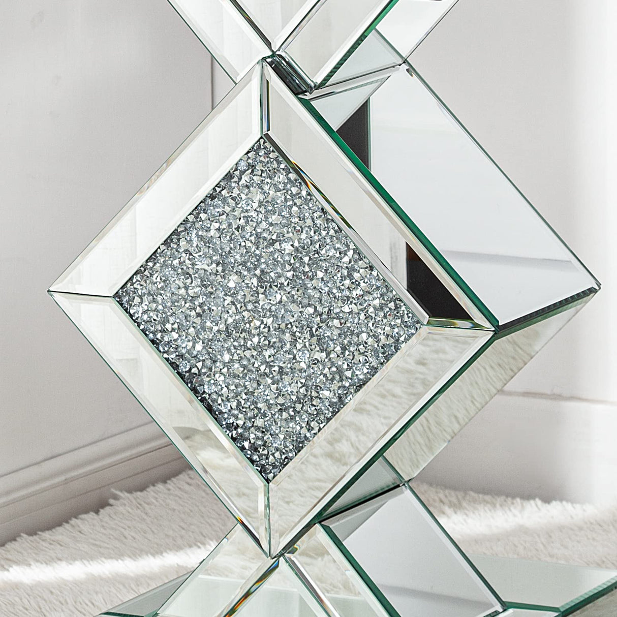 Mirrored End Table with Crystal Inlay, Square Modern Side Table Silver Accent Table