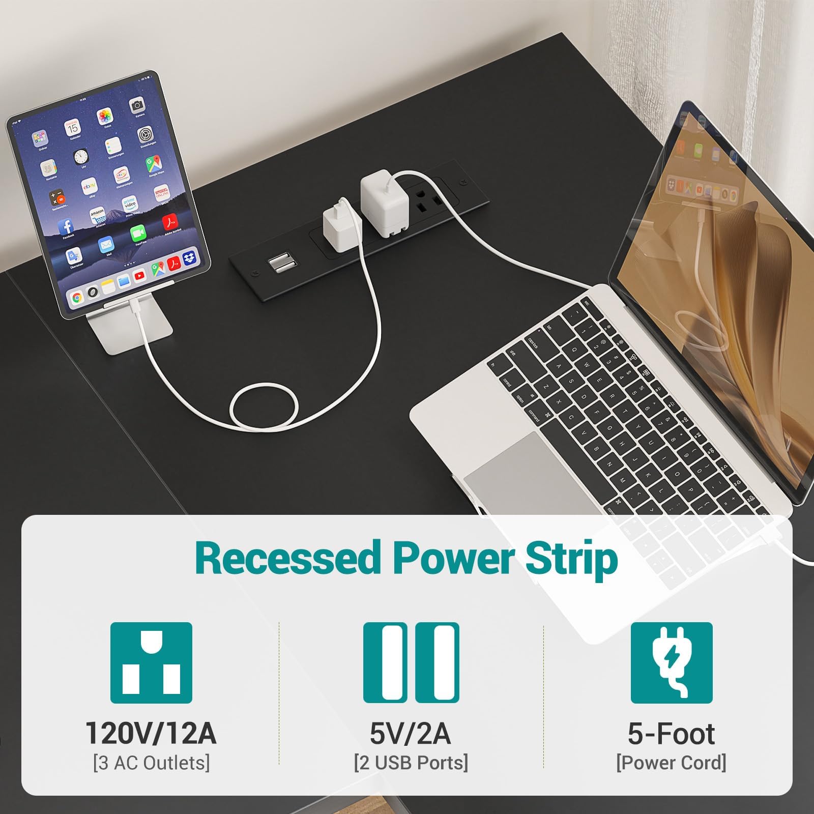 Reversible L Shaped Computer Desk with Power Outlets and USB Charging Ports