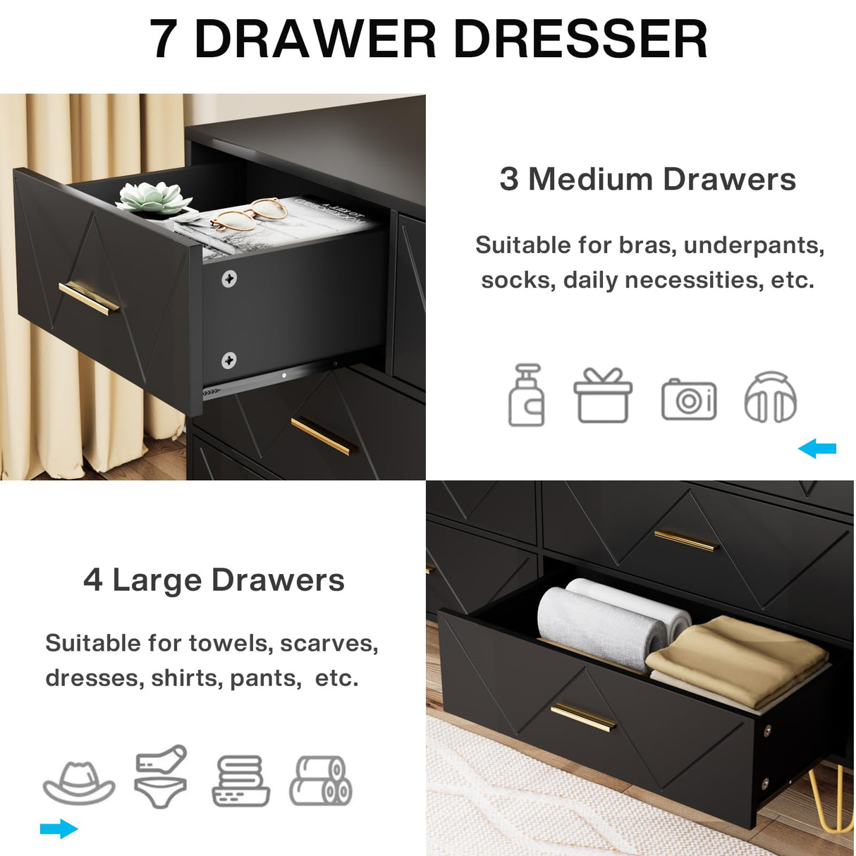 Dresser for Bedroom, 7 Drawer Dresser, Black Dresser with Gold Handles