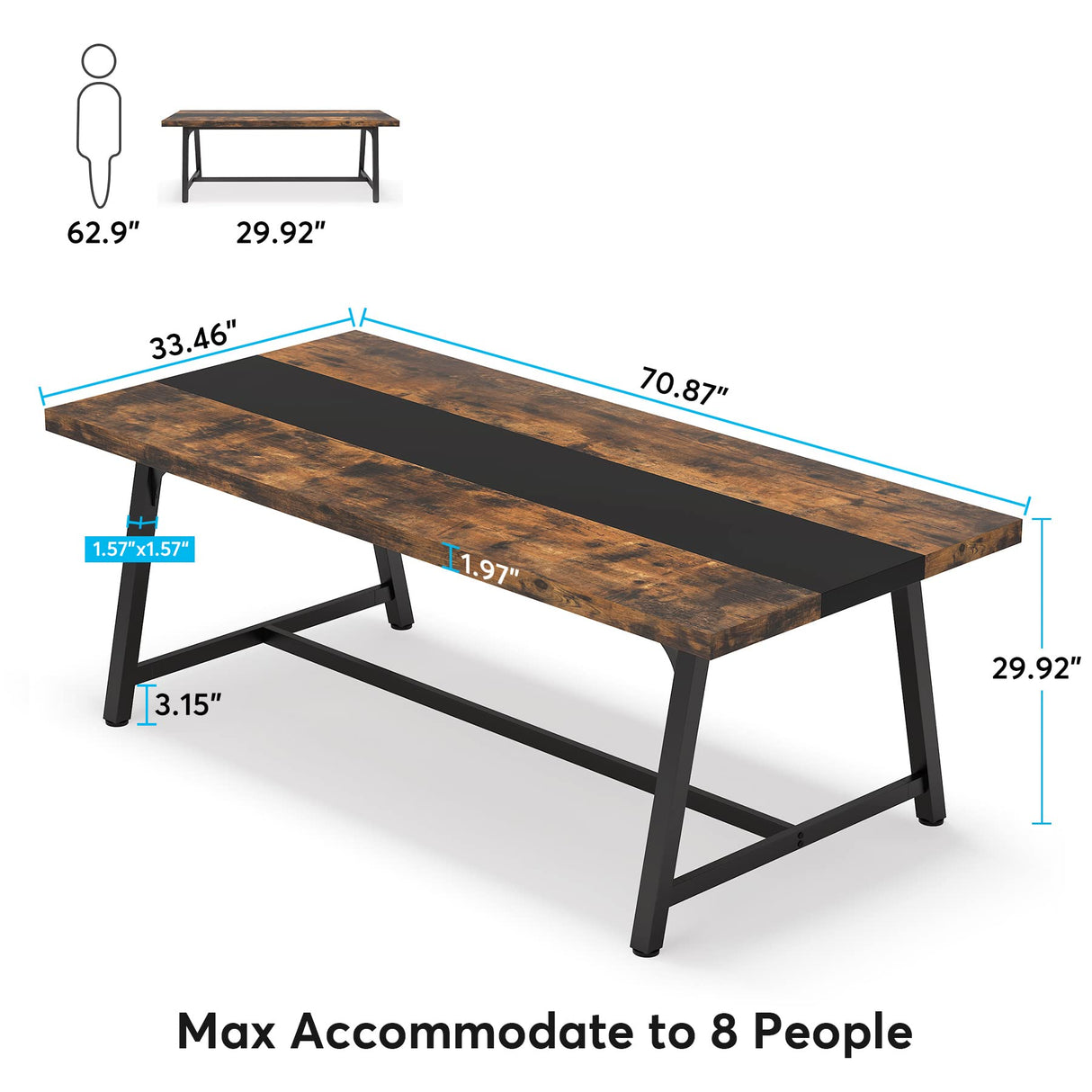 70.87 Inches Dining Table for 8 People, Wooden Kitchen Table with Strong Metal Frame for Big Family,