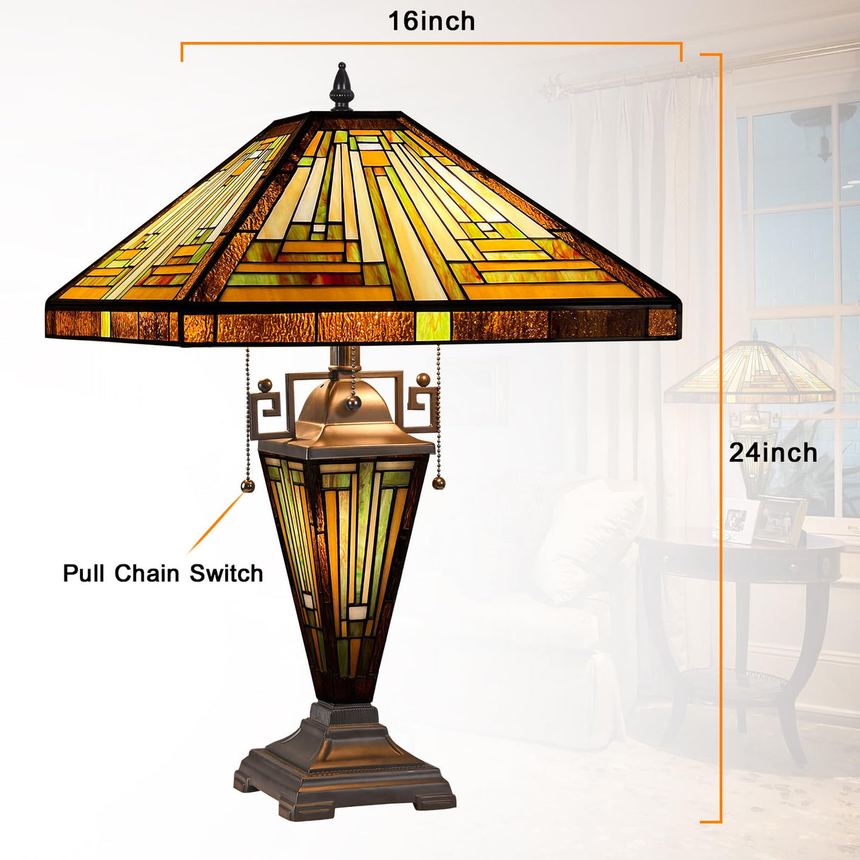 Capulina Tiffany Lamp Stained Glass Table Lamp 3-Light 16X16X24 Inches Mother-Daughter Vase Amber Brown Mission Tiffany Style Desk Reading Lamp for Living Room Bedroom Study Home Office