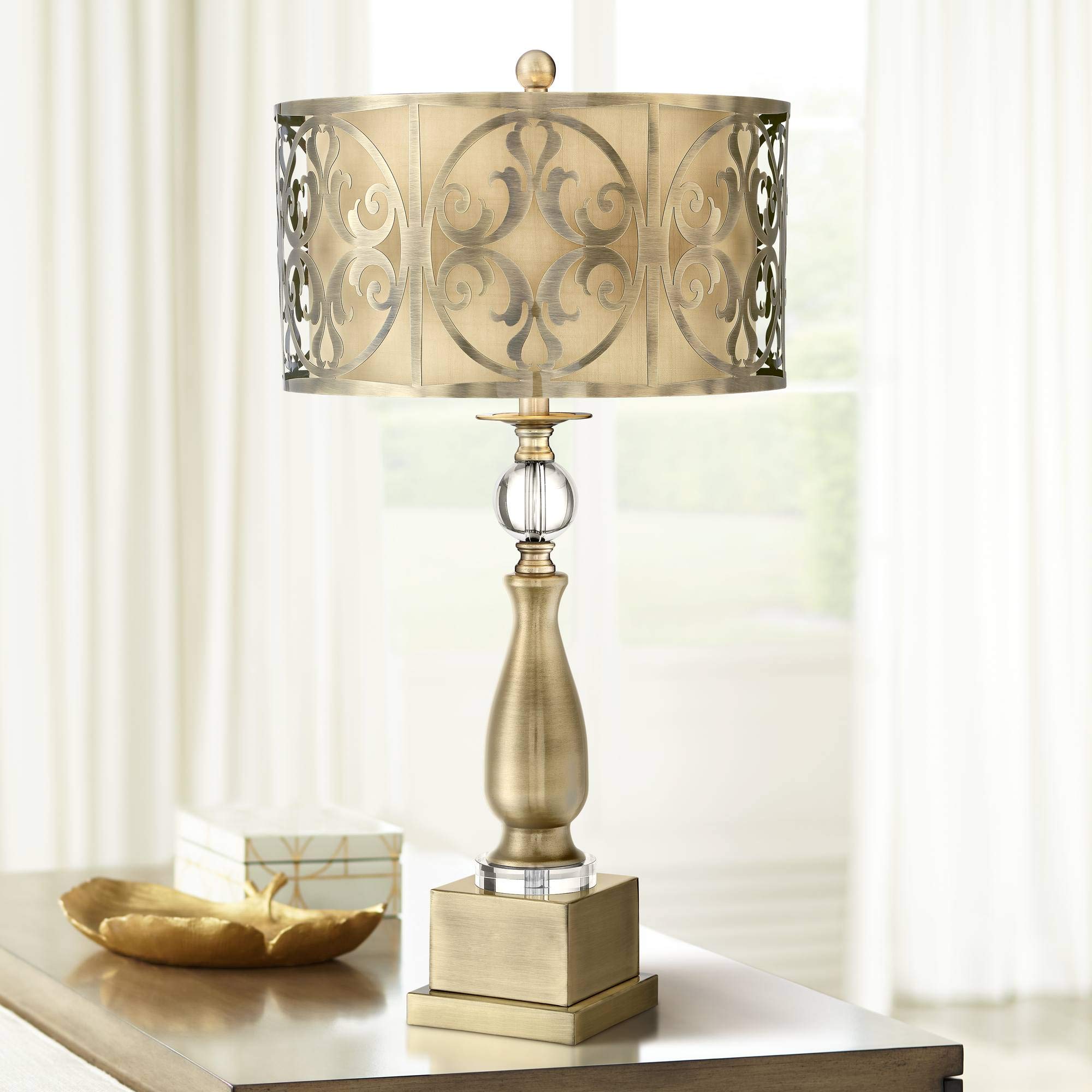 Doris Traditional Candlestick Table Lamp 30 1/2" Tall Brass Cutout Openwork Metal Outer