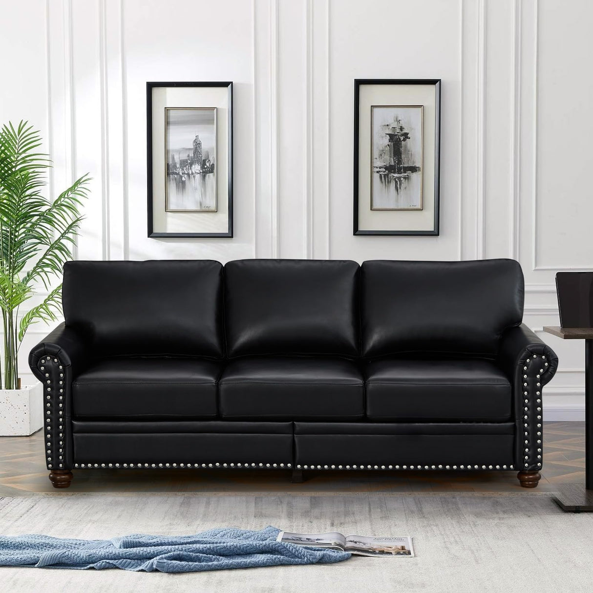 Faux Leather Sofa Couch,82" Mid Century Modern Couch with Storage Place,Oversized 3 Seater Sofa with Nailhead Trim&Rolled Arm,Deep Seat Comfy Couch for Living Room,Apartment,Office(Black)