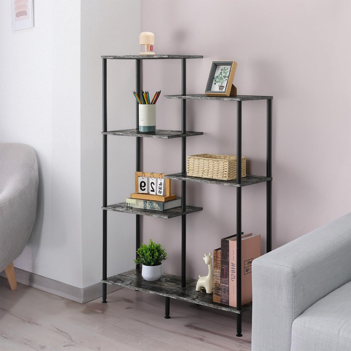 Z-Shelf Bookcase, Freestanding Multifunctional Display Shelves, Wood Decorative Storage Shelving, 6-Tier Modern Shelf for Living Room, Home Office and Bedroom, Oak Grey