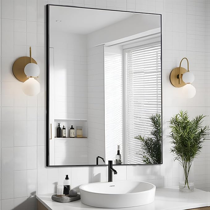 Large Mirror 32x48 Inch, Rectangle Bathroom Mirror, Black Metal Framed Mirror for Wall