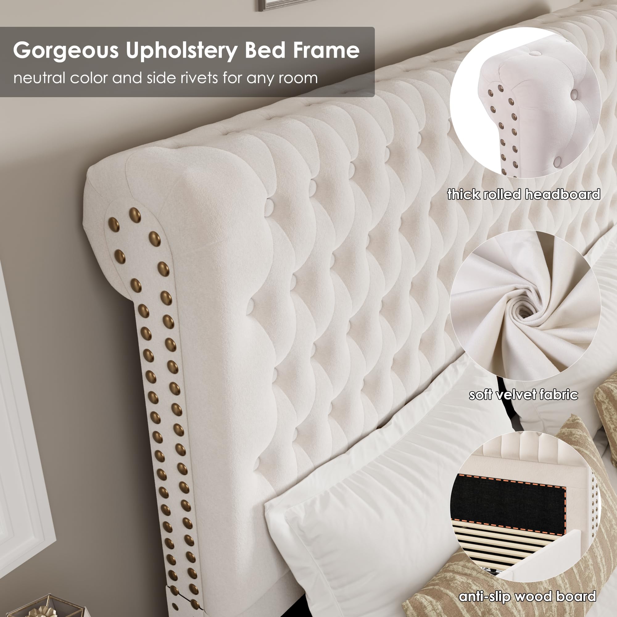 Queen Upholstered Bed Frame with Storage - 54" Tufted Headboard