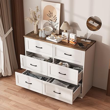 Dresser for Bedroom, 6 Drawer Wide Dresser Organizer with Charging Station