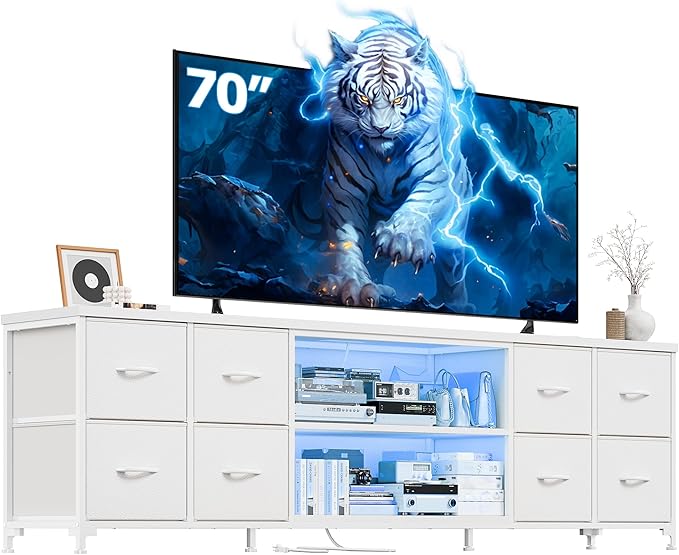 62.3" W Dresser for Bedroom,75" TV Stand Dresser with Charging Station and LED Lights,