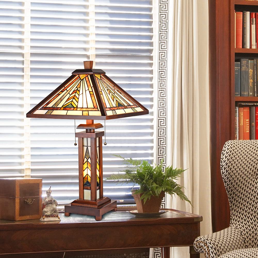 Capulina Tiffany Lamp Stained Glass Table Lamp 3-Light 15X15X26 Inches Wooden Base Mission Brown Tiffany Style Desk Lamp with Night Light Decor for Home Office Living Room Bedroom