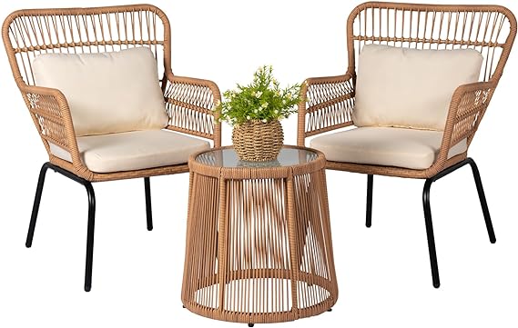 3 Piece Outdoor Wicker Furniture Bistro Set, Rattan Chairs Conversation Sets