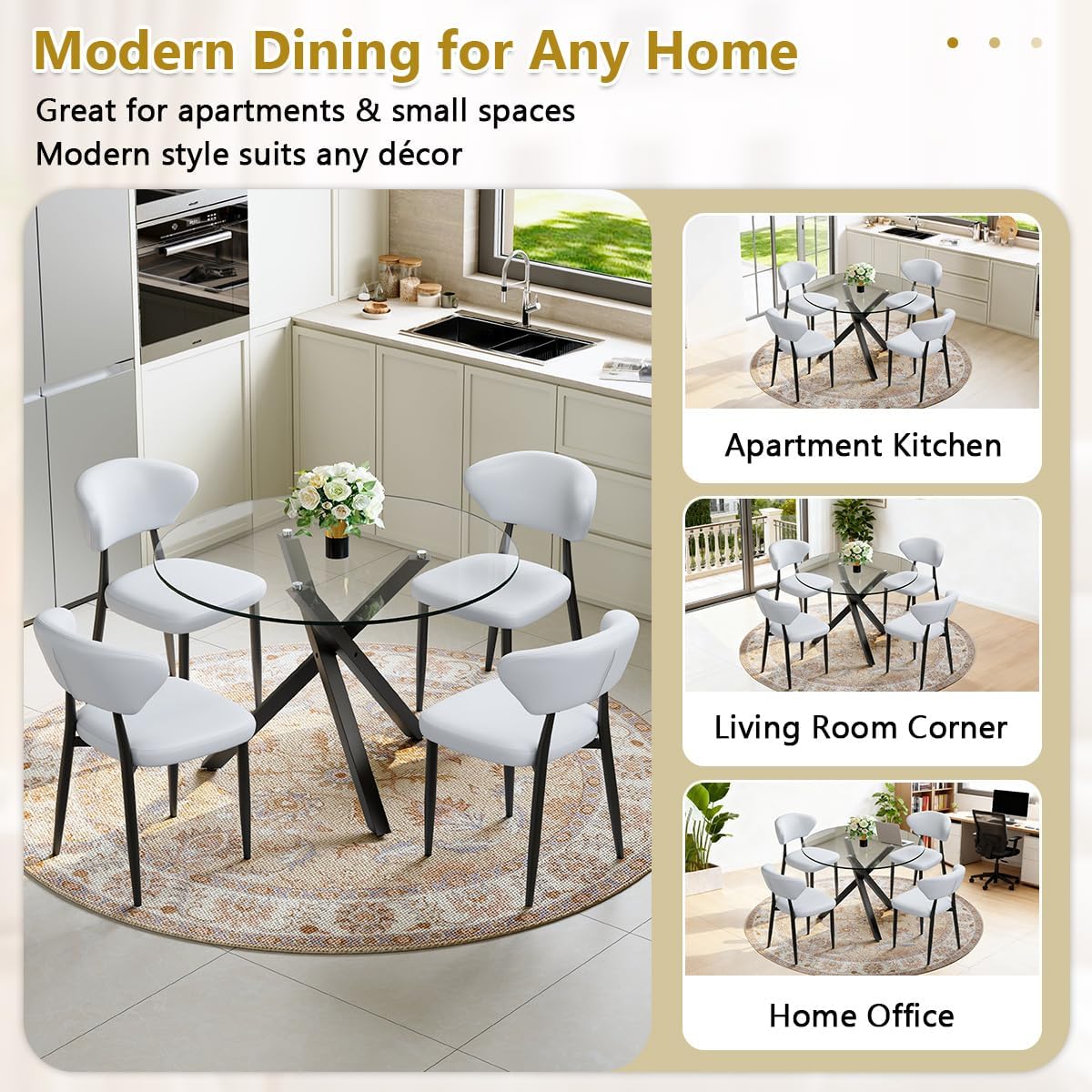 39" Round Glass Dining Table Set for 4 - Modern 5-Piece Kitchen Set