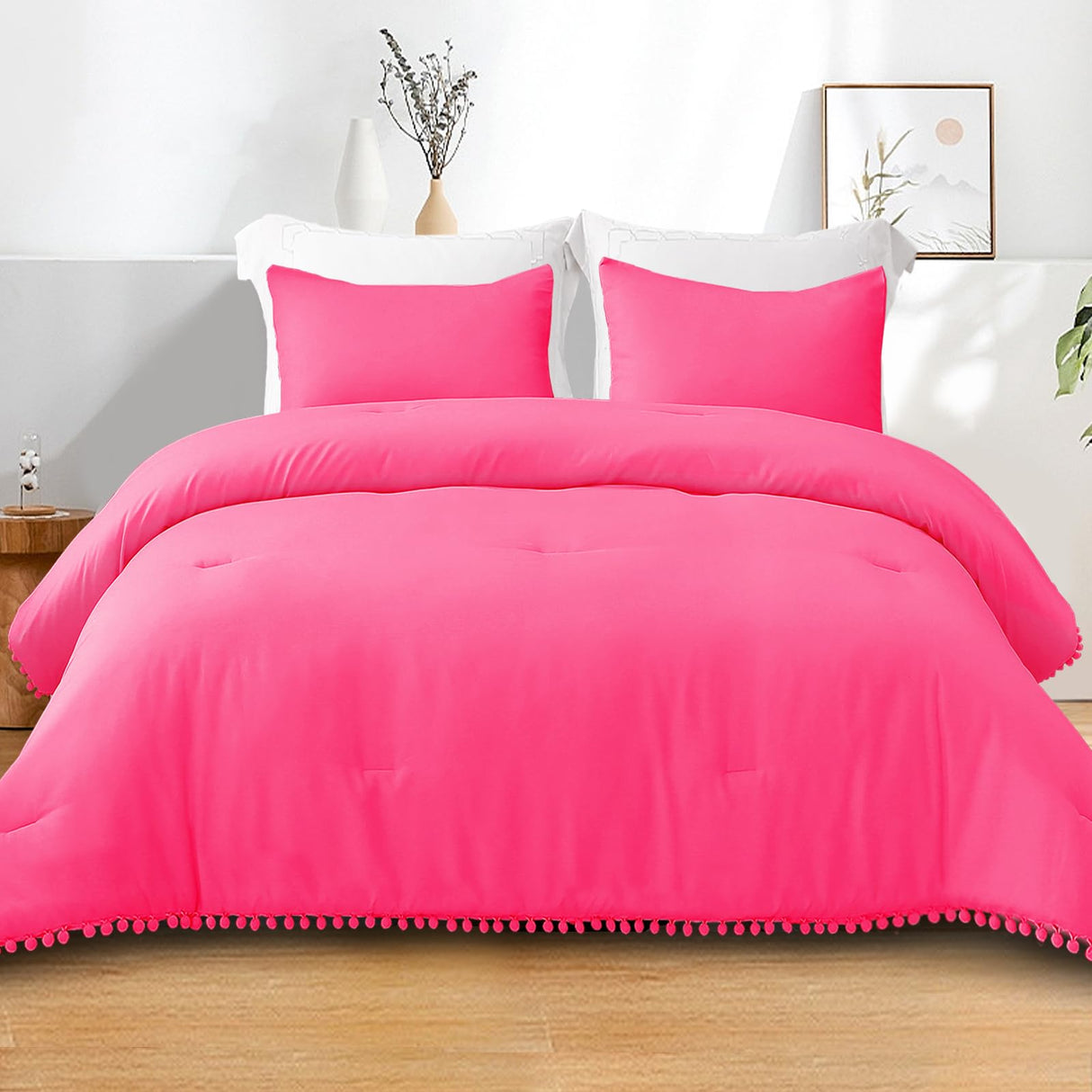 Boho Pom Pom Ball Fringe Twin Comforter Set, 2 Piece Hot Pink Lightweight