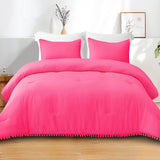 Boho Pom Pom Ball Fringe Twin Comforter Set, 2 Piece Hot Pink Lightweight