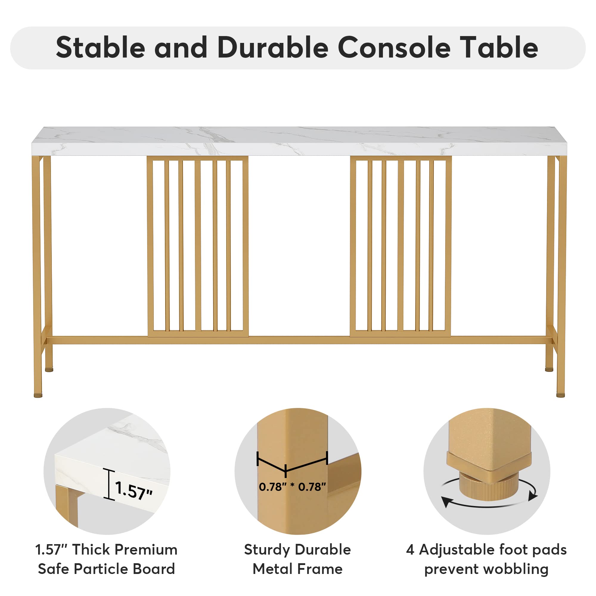 Long Sofa Console Table with a 70.9 inch Spacious Tabletop, White and Gold