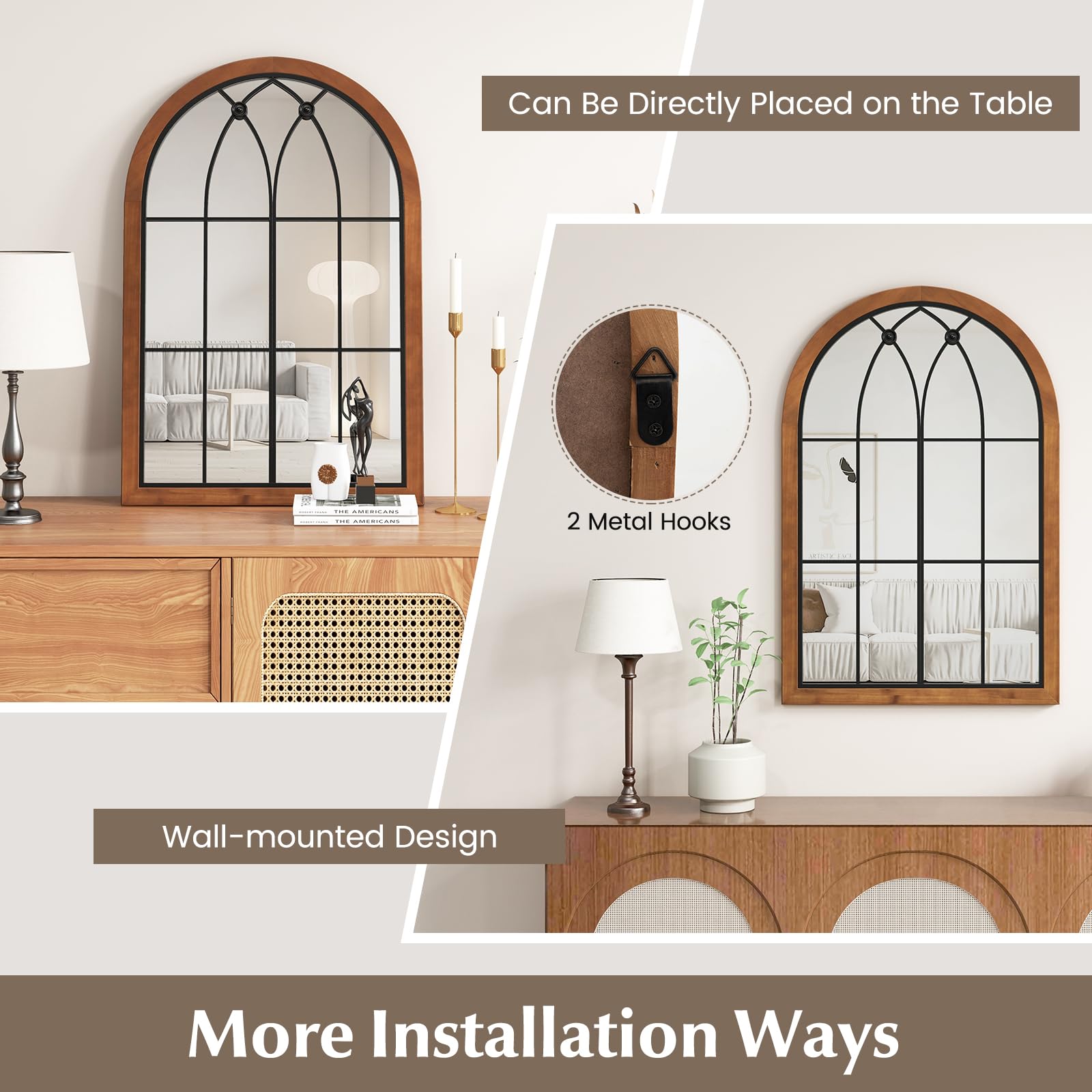 Arched Window Wall Mirror, 36''L x 24''W Farmhouse Accent Mirror, Rustic Wood Framed Mirror for Living Room Entryway Hallway Mantel Kitchen Wall Decor