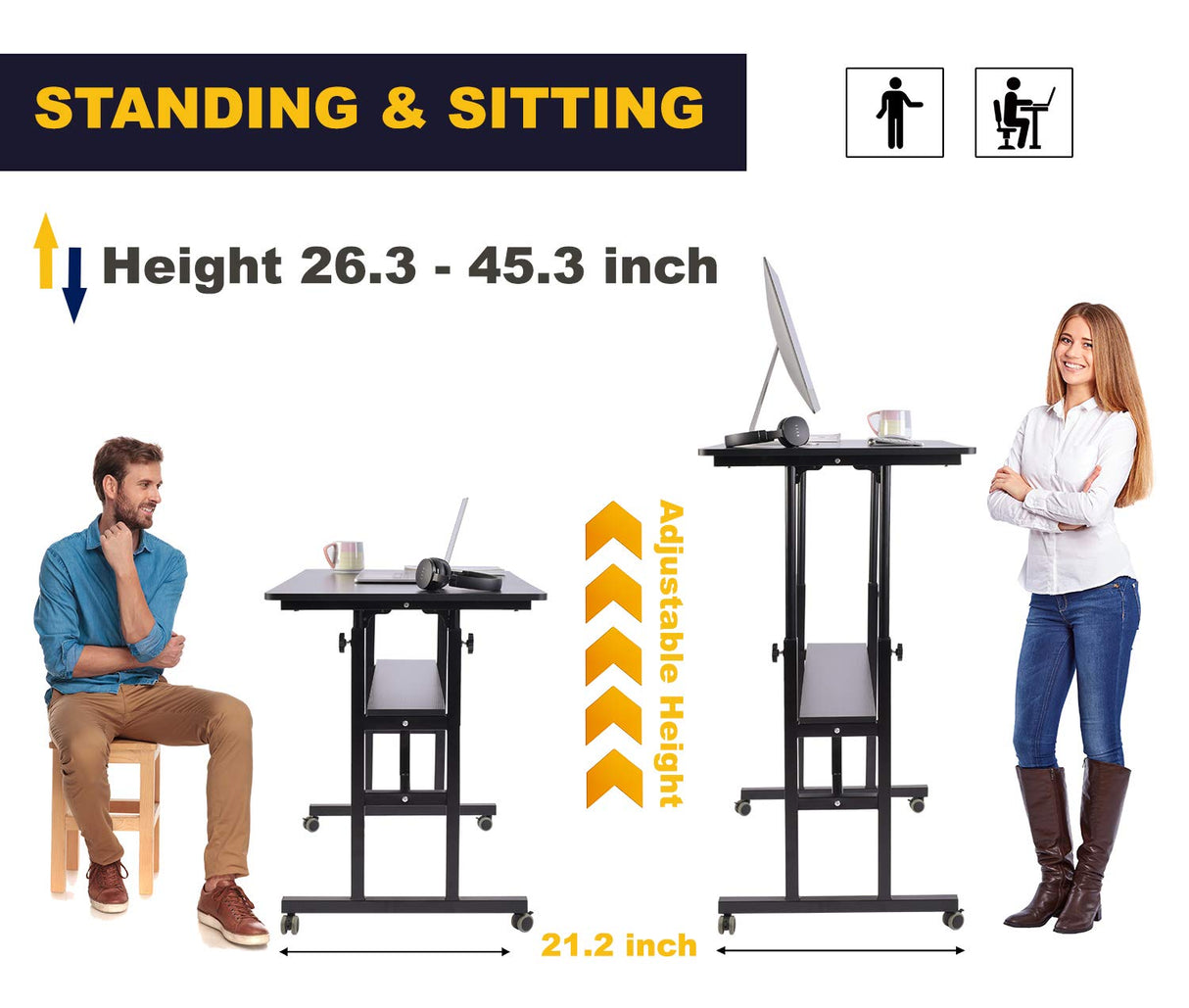 Mobile Standing Desk, Adjustable Computer Desk Rolling Laptop Cart on Wheels Home Office Computer Workstation, Portable Laptop Stand Tall Table for Standing or Sitting, Black, 39.4" x 23.6"