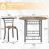 3-Piece Wooden Round Table & Chair Set, Space Saving Kitchen Breakfast Nook Wood Grain Tabletop with Metal Frame and Built-in Wine Rack for Kitchen,