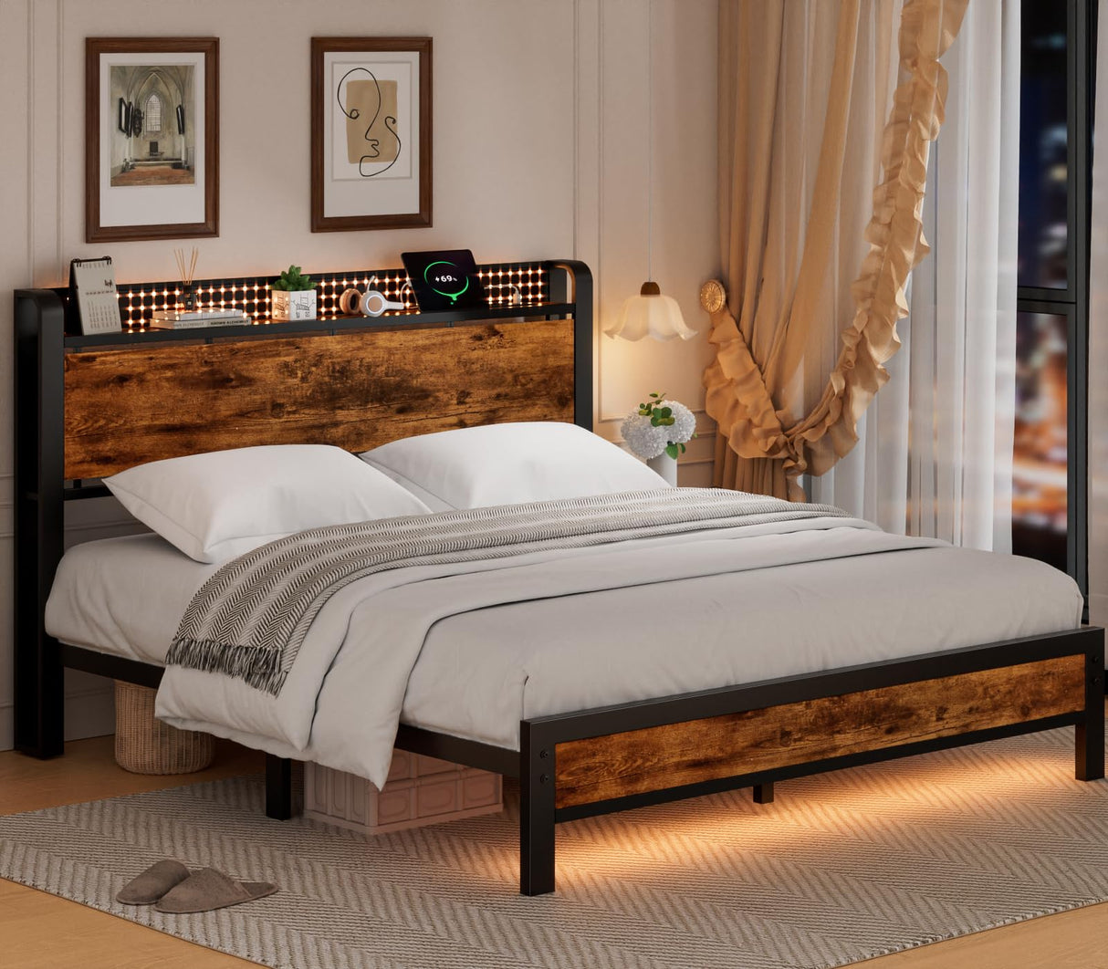 Furnulem Bed Frame with Charging Station and LED Lights,Industrial Platform Beds Queen Size with Storage Headboard,USB Port,Rustic Wood and Strong Metal Support,No Box Spring Needed, Noise Free