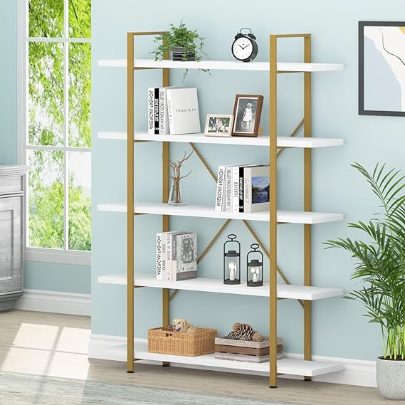 Industrial 4 Tier Bookshelf, Modern Metal and Wood